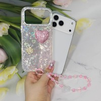 Coque de téléphone de luxe pour filles, texture de coquille holographique en forme de cœur, cœur en diamant 3D, rose, perle avec bracelet à perles pour iPhone X à 18 Samsung