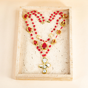 Collar Doble de Piedras Preciosas con Cuentas de Coral Rojo Natural Vintage y Perla Chapada en Oro para Mujer, Joyería para Fiesta de Bodas - Product Image 1