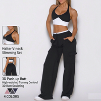 Ensemble de yoga 2 pièces pour femme : Soutien-gorge de sport push-up à dos nu et pantalon cargo taille haute à cordon de serrage multi-poches, séchage rapide, pour la course et l'entraînement