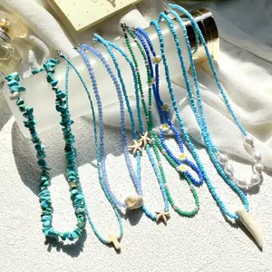 Böhmischer Sommer Strand Türkisperlenblumenlagerung handgefertigte Samen perlen-Halskette für Damen Halsband Halskette zierlicher feiner Schmuck