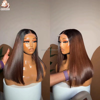 Peluca de cabello humano Remy vietnamita virgen con cutícula alineada, lisa, sin pegamento, con encaje frontal HD suizo, color 1B/marrón ombré.