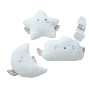 Almohada de Peluche con Lindas Estrellas Bordadas, Nubes Sonrientes, Oso de Peluche, Cojín de Sofá con Forma de Corazón, Muñeca de Luna con Alas, Tela de Algodón, Alivio del Estrés - Product Image 1