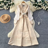 Robe trapèze chic vintage en jacquard de polyester, style français, pour femme, avec manches lanternes, taille cintrée et col en V
