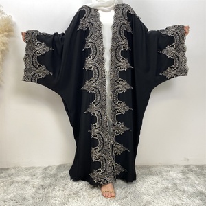 1417# Luxury Fashion Embellished Lace Open Abaya Huge Sleeve Ramadan Embroidery Cardigan Modest Coats Muslim Women Side <b>Pockets</b> - Product Image 3
