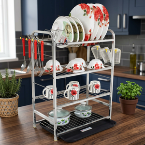 Étagère à vaisselle en métal à 4 niveaux Star Aim avec bac d'égouttage, support de rangement de cuisine sur pied pour assiettes, bols et tasses - Product Image 5