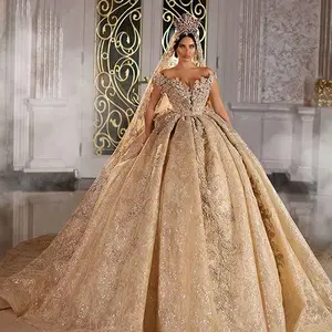 Champagne 3D Appliques floreali pizzo cristallo Dubai abito da sposa abito da ballo Off The Shoulder corsetto per la sposa araba saudita