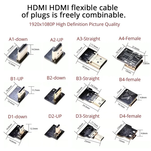 Ribbon FPV FFC HDMI Connector Flexible Flat Cable Raspberry Pi 4 Angled Micro Mini HDMI for Male Female 90 Degree up Down 20pin
