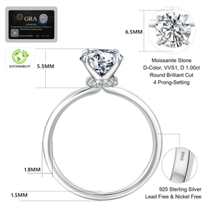 Bague de fiançailles et de mariage pour femme en argent sterling 925 plaqué or blanc avec diamant Moissanite rond de 1 carat VVS Gra Mossanite Solitaire - Product Image 2