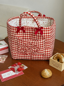 Cesta de lavandería coreana de algodón acolchado ligero con estampado de guinga, cesta plegable para artículos domésticos, bolsa de almacenamiento. - Product Image 3