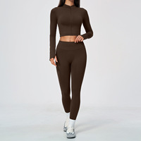Ensemble de yoga 2 pièces pour femme : veste courte zippée à col montant en maille côtelée sans couture, très extensible, séchage rapide, respirante et leggings longs
