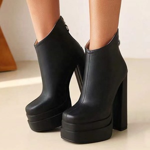 Botas de tacón alto de plataforma de doble capa con corte moderno 2022, botines cortos con punta cuadrada y cremallera trasera, zapatos de tacón grueso para invierno - Product Image 4