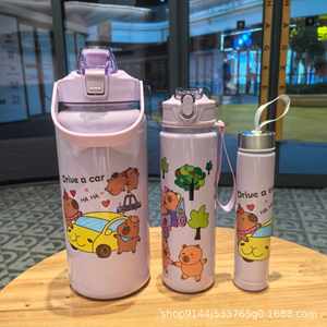 Cartoon-style Large-capacity Three-piece <b>Cup</b> <b>Set</b> Gradient-color Trendy PC Water Bottle Bouncing Lid Rainbow-colored Thermal - Product Image 4