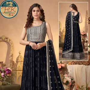 Vestido Anarkali Negro Bordado de Diseñador para Mujer, Traje Tradicional Indio para Bodas, Fiestas y Eventos con Dupatta - Product Image 1