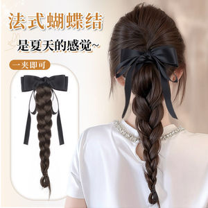 Ribbon Bow Braided Ponytail Hair Clip Full <b>Back</b> Head Accessory For Miss High Temperature Wire Hand Knitted Duckbill Clip Style - Product Image 3