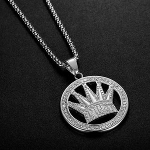 <b>King</b> <b>Crown</b> Round Pendant Necklace Stainless Steel Gold Plated Rhinestone Men's Hip Hop Jewelry Gift - Product Image 3