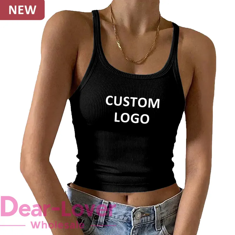 Dear-Lover Wholesale Custom Logo Blank Basic Textured Ribbed Spaghetti Strap Sleeveless Scoop Neck Tank Tops For Women