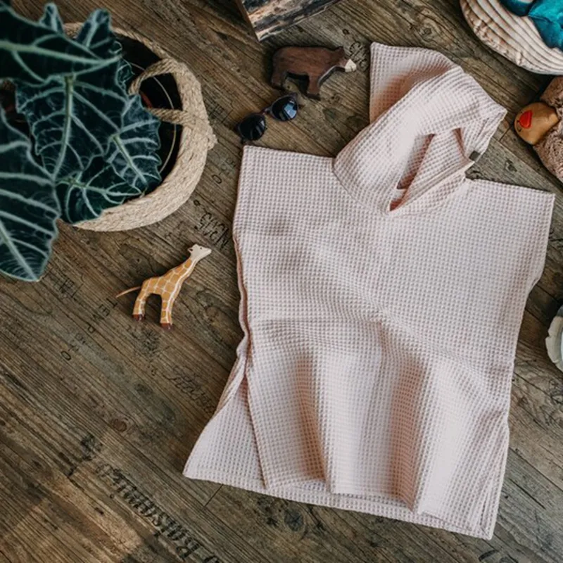 100% Organic Cotton Solid Color Waffle Beach Towel Hooded Poncho