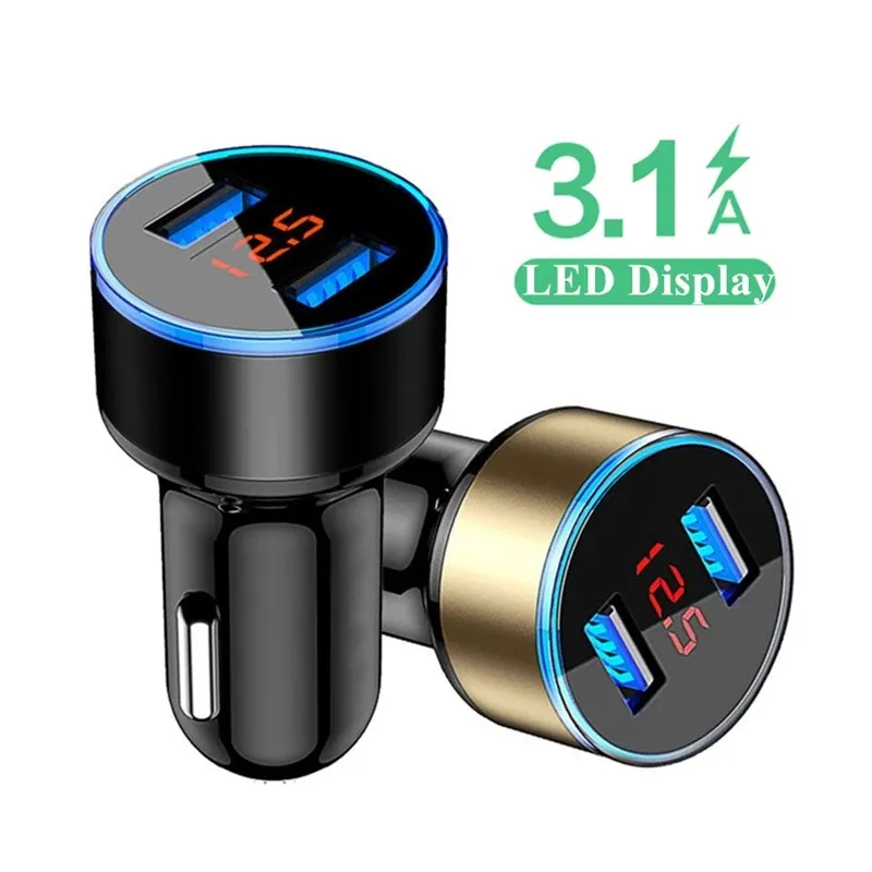 USB Car Charger 2 Ports 3.1A LED Display Dual USB Car Charger Universal Mobile Phone Aluminum Car-Charger