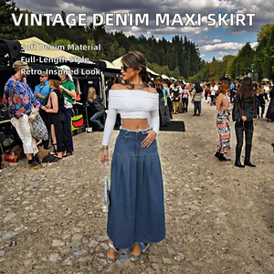 Jupe longue plissée en jean pour femme, couleur unie, taille haute, coupe ajustée, style décontracté printemps-été, délavage clair, coton écologique - Product Image 2