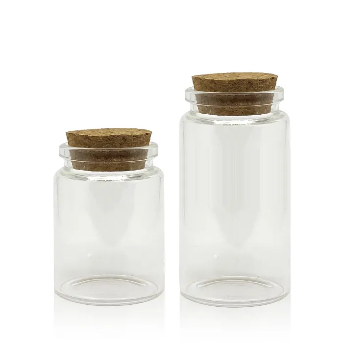 Venta al por mayor pequeña botella de vidrio con difusor de corcho botella de vidrio con tapa de madera embalaje tarro de corcho de vidrio