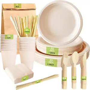 Wholesale food container sugarcane bagasse paper plates sets dinnerware supplier