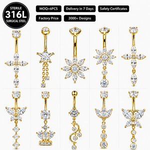 แหวนเจาะสะดือเหล็กกล้าศัลยกรรม 316L ประดับเพชร CZ รูปทรงกากบาท <span class=keywords><strong>ผีเสื้อ</strong></span> ดอกไม้ ดาว มงกุฎ เครื่องประดับเจาะร่างกายสำหรับผู้หญิง - Product Image 1