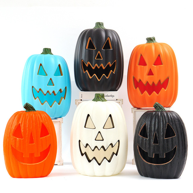 Halloween Plastic Pumpkins with Multi-color 3D LED Lights Jack O Lanterns Party Props AA Battery Operated Indoor Decorating