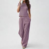 Vêtements de sport pour femme effet seconde peau, col rond, manches courtes, pantalon de survêtement droit à jambes larges, tenue de sport