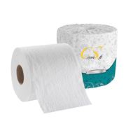 Rouleau de papier toilette emballé individuellement, fabriqué à partir de pâte de bois vierge ; doux, hautement absorbant et sans agents fluorescents.