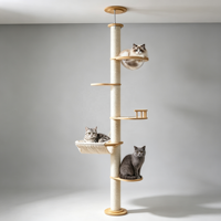 Arbre à chat en pin réglable de 260 cm du sol au plafond avec hamac, capsule acrylique, perchoir à balustrade et poteaux à gratter en sisal pour plusieurs chats