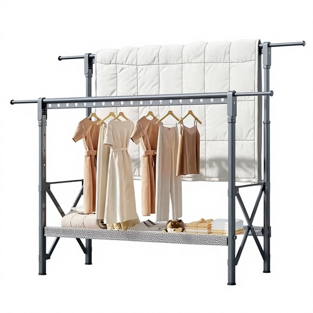 Factory-direct Floor-standing Clothes Rack Sturdy Indoor-outdoor Drying Solution for Clothes Bedding; Height-adjustable