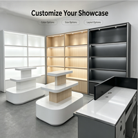 Vitrine d'îlot pour magasin de détail avec finition laquée imitation bois pour cosmétiques, chaussures, sacs, électronique, vaisselle, artisanat