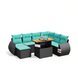 D0100XFTR02 Set di divani da giardino in polyrattan nero da 8 pezzi con cuscini, eleganti mobili da esterno - Product Image 1