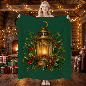 Manta rectangular con estampado de linterna navideña, verde, poliéster, algodón, decoración del hogar, estilo clásico acogedor de invierno, lavable a máquina - Product Image 1