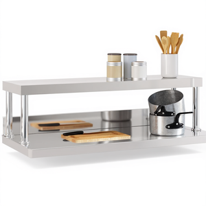 Table de travail en acier inoxydable avec étagère supérieure 43,3x11,8x13,8 po, étagère de rangement de cuisine à 2 niveaux, design minimaliste autoportant - Product Image 1