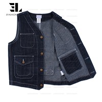 LARSUR kustom pabrik Distress Wash Indigo bergaris Denim jaket rompi Wabash kereta api otomotif Jean Chore Work Gilet