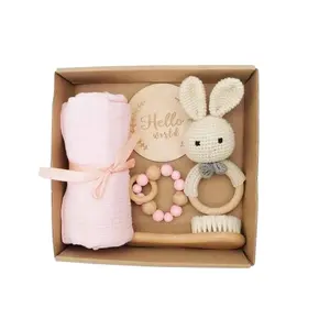 Free customize logo Natural Baby Bunny Stuffed Animal Rattle Crochet Cotton Toy Gift Set Crochet Bunny Teether