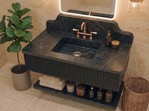 Meuble-lavabo flottant de luxe en marbre Nero Marquina avec vasque intégrée, façade cannelée, armoire de salle de bain personnalisée en pierre, durable et écologique - Product Image 5