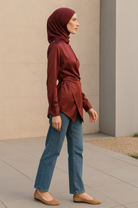 YXO013 ODM Túnica Asimétrica de Satén para Mujeres Musulmanas Modestas, Pantalones Anchos de Mezclilla, Ropa Islámica a Juego, Modal de Bambú - Product Image 3