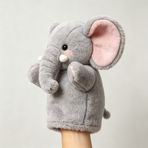 Marionnette éléphant grise moelleuse personnalisée avec oreilles intérieures roses et longues trompes blanches, pour des histoires interactives sur le thème du safari pour enfants - Product Image 1