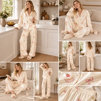 Produsen Kain Lyocell, Piyama Satin untuk Wanita, Set Piyama Cantik Bermotif, Lengan Panjang, 2 Potong, Pakaian Tidur Wanita, Piyama Sutra Mewah