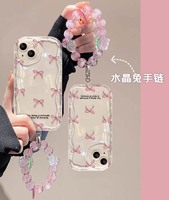 Coque de téléphone portable en TPU transparente rose avec nœud papillon imprimé et bracelet perlé pour iPhone 17 8 X Xr XS 11 12 13 14 15 16 Pro Max