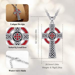 Collier pendentif croix celtique Merryshine pour homme, laiton plaqué rhodium, obsidienne noire, émail rouge, bijoux religieux, vente en gros - Product Image 3