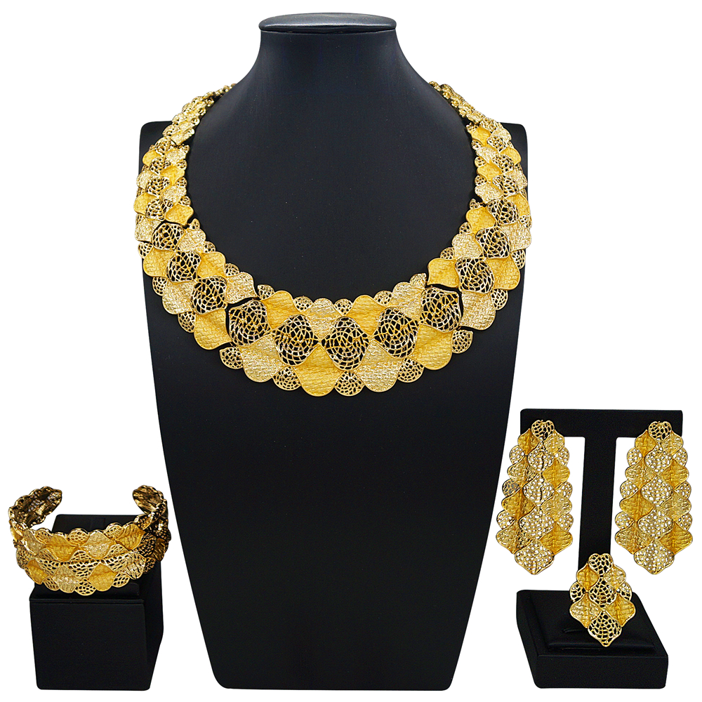 African Jewelry Set - Dubai Gold Resin Necklace, Earrings & Bracelet For Bridal & Special Events