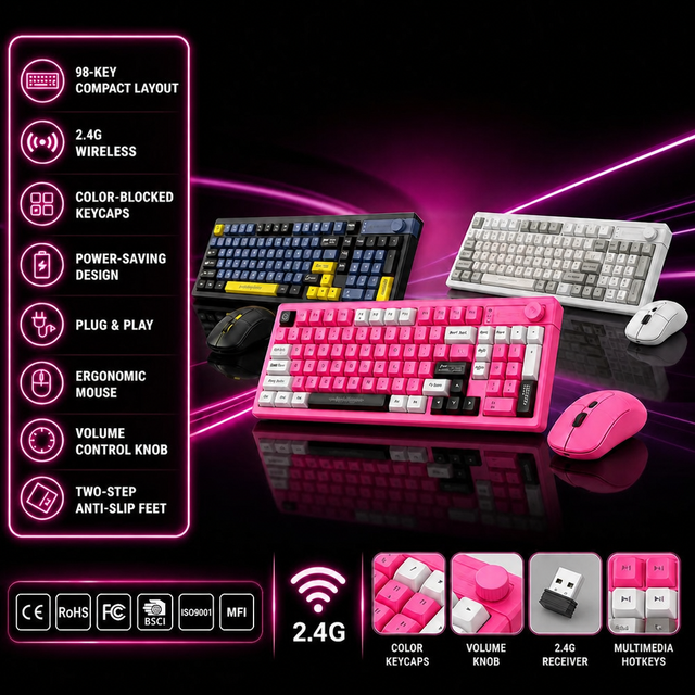 Wireless Keyboard Mouse Combo 2.4G 98 Keys Ergonomic Computer Keyboard Mouse Set 2200 DPI Plug-and-Play Stock for Office Laptop