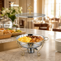 Plat de service en verre avec couvercle, cadre doré suspendu, brûleur à alcool, chauffe-plats pour buffet, restauration, vente en gros