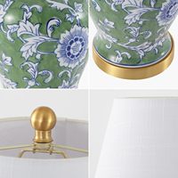 Lampe de table LED 22 pouces, verte et blanche, en céramique et métal, style Chinoiserie, abat-jour en lin traditionnel français, finition laiton doré