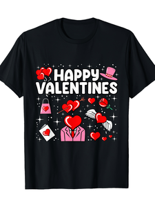T-Shirt Nera per San Valentino 100% Cotone con Cuori Stampati Romantica Casual Unisex Girocollo Manica Corta Primavera Estate - Product Image 1