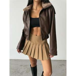 Blouson en cuir pour femme marron avec col en fourrure - Product Image 6