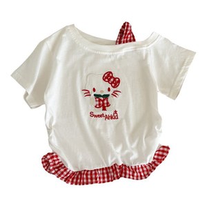 TongXingYuan Girls' KT <b>Cat</b> Short Sleeve T-Shirt Red White Cotton Cartoon Summer <b>Top</b> Kids Fashion Clothes - Product Image 5
